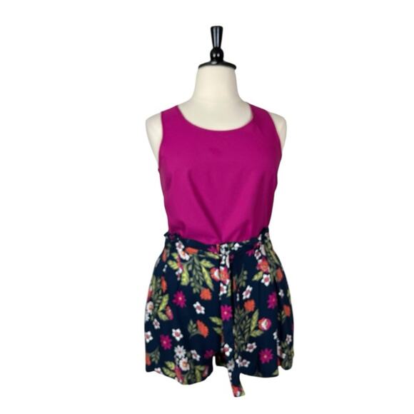 Time & Tru Short Tank 2 Piece Set Blue Floral Hot Pink Women’s Size Large 12/14 - Picture 1 of 14